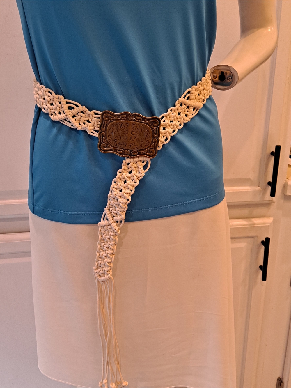 Artisan Cream Macramé Waist Belt with Tassel &  Floral Ornate Bronze-Tone Buckle